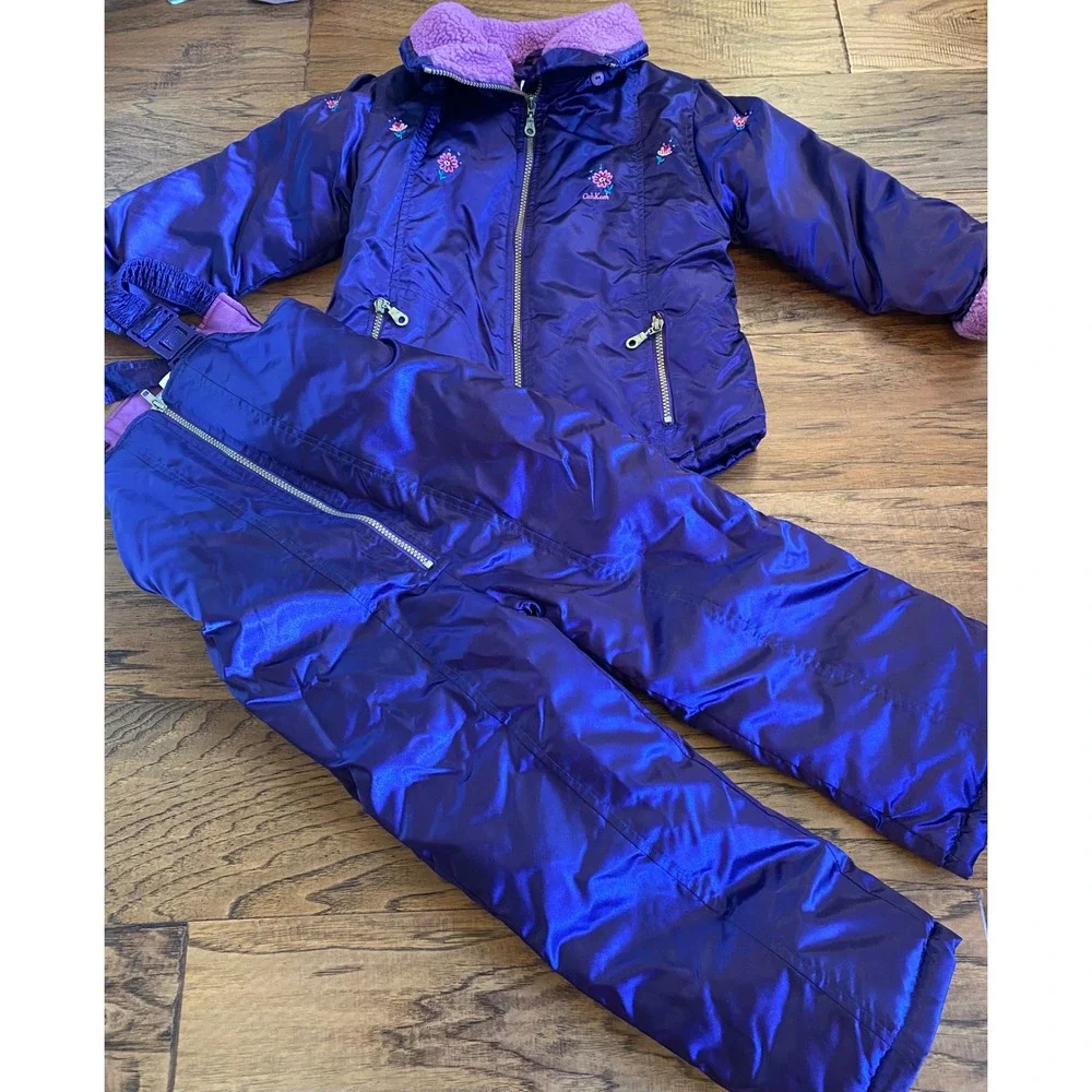 Vintage OshKosh B'gosh Girls Purple Floral Snowsuit Set Jacket and Bibs Size 5/6